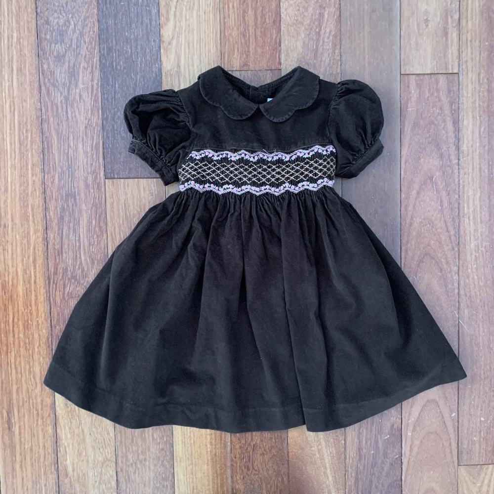 Mom & Me Toddler Girls Brown Pink Smocked Corduroy Peter Pan Dress 3T